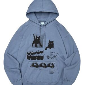 Jockey Blue Hoodie with Cat and Tent Graphics